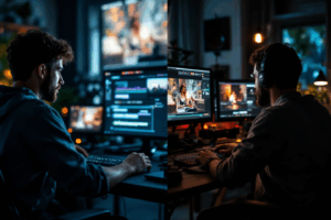 A split image showing a junior editor practicing with beginner tutorials on one side and a senior editor working on a complex color grading project in a high-end studio on the other—illustrating salary differences tied to skill and experience.