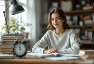 A student sitting at a desk surrounded by textbooks, papers, and a clock ticking, with a focused look on her face