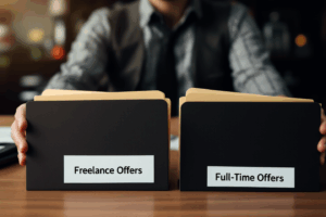 A person seated at a desk with two folders in front of them—one labeled “Freelance Offers” and the other “Full-Time Offers.”