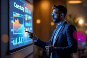 A business professional presenting a case study on a projector screen