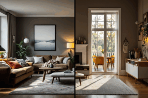 A side-by-side comparison of two apartments: one modest unit in a high-cost city like New York, and another affordable home in a rural or suburban area.