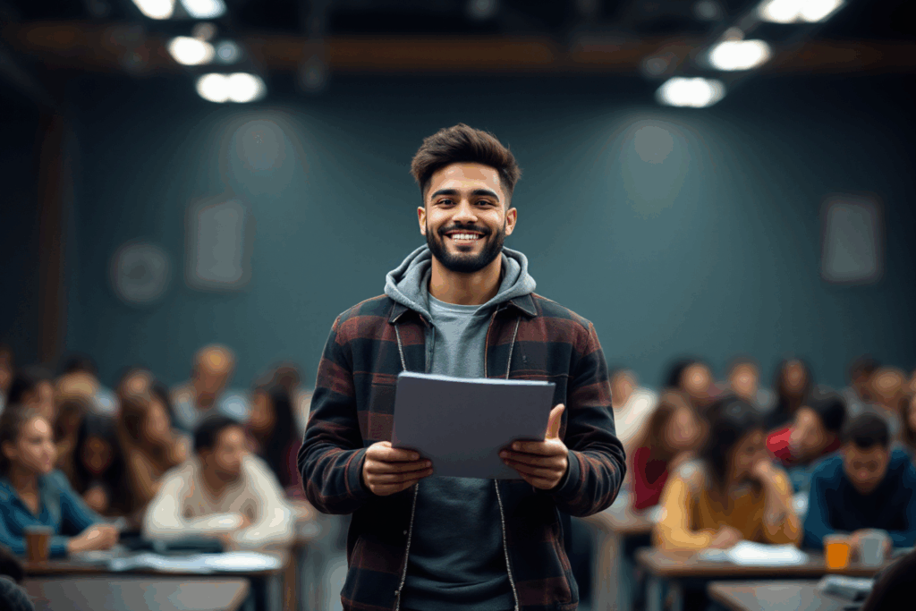 A confident student standing in front of his classmates while he is doing his report for English grammar