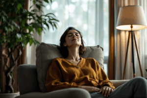 a person sitting in a comfortable chair at home, with their eyes closed and hands resting on their lap
