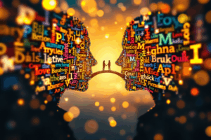 An artistic composition of colorful letters and words forming a bridge connecting two human silhouettes.