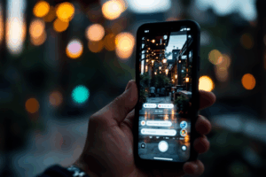 A social media manager creating Instagram Stories featuring polls and Q&A stickers on a smartphone.