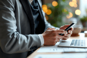 A business professional standing by a desk, reading a follow-up email draft on their phone