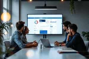 A team of marketers collaborating around a conference table, analyzing Facebook’s ad performance dashboard on large screens.