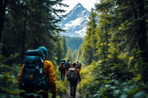 A group of hikers walking deeper into a dense forest with backpacks and gear