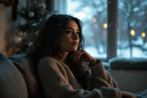 A woman in her early 30s sits alone on a couch in a dim living room during a snowy afternoon
