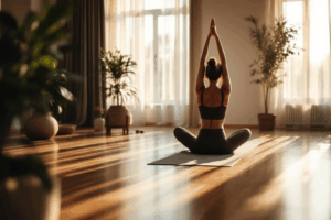 A calm, peaceful yoga session in a serene indoor space, with a person practicing yoga poses