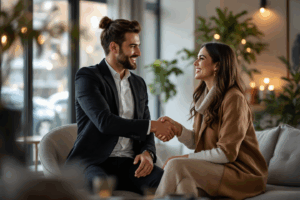 A brand representative and influencer shaking hands in a cozy meeting room, smiling and discussing future collaborations. 