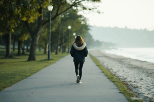  person walking slowly in a tranquil park or along a quiet beach, paying attention to each step they take