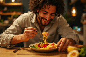 a person sitting at a table, focused and happily eating a savoring meal