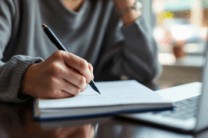 Close-up of a person studying English grammar with a notebook and laptop