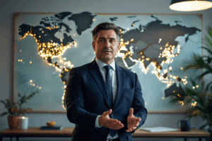 A business professional standing in front of a world map in a modern office, discussing the importance of cultural sensitivity in international email communication