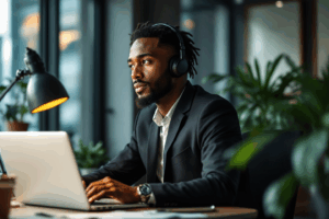 A business professional in a cozy office corner
