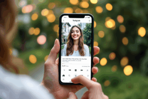 A social media creator filming a short, engaging Instagram Reel using popular music and fun effects on their smartphone.