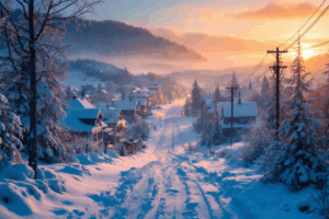 A snowy rural town in a northern region, blanketed in twilight even during daytime.