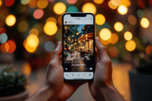 A content creator planning and filming a dynamic Instagram campaign featuring shoppable photos