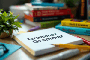 A close-up of a well-organized workspace with grammar books, notes