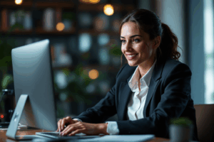 A business professional attending an online grammar workshop