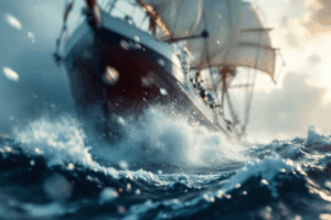 An abstract visual of a ship navigating through turbulent waters