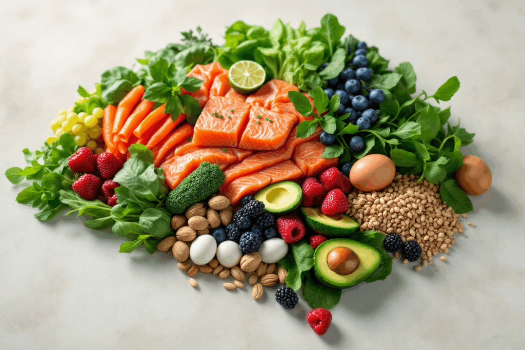 A kitchen table filled with colorful whole foods—salmon, leafy greens, nuts, berries, avocados, eggs, and whole grains—arranged in the shape of a human brain.