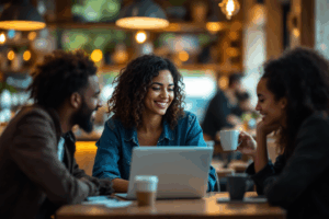 Depict a person in a coffee shop, surrounded by a group of friends, each with their own laptop or notebook. 