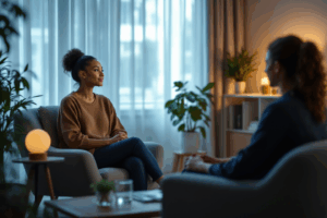a person sitting in a calm, cozy therapy room with a therapist across from them