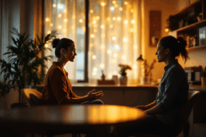 A calm, professional setting where a mental health practitioner is seated across from a patient in a warm, softly lit office.