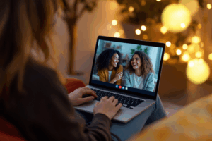 A young woman sits on a couch video calling two close friends on her laptop