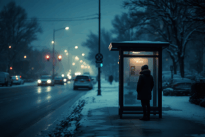 A person stands alone at a bus stop during a dark, overcast winter morning