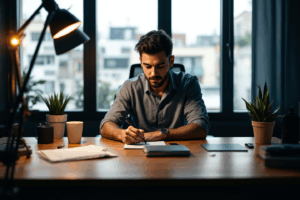 A freelancer sitting at a desk with a polished, minimal setup, updating their LinkedIn profile