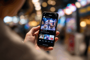 A shopper scrolling through Instagram on a smartphone, viewing a vibrant post tagged with multiple products. 