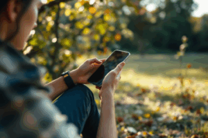 A peaceful outdoor setting with a person enjoying nature, with their smartphone turned off and set aside