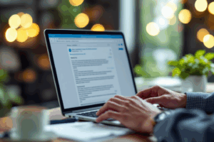 A business professional at a desk, reviewing an email on their laptop.