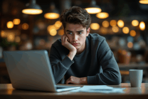 The young person appears thoughtful and concerned, seated at a table with an open laptop