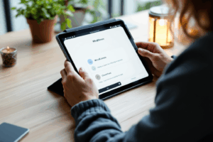 A modern workspace with a person using a mindfulness app on a tablet or phone