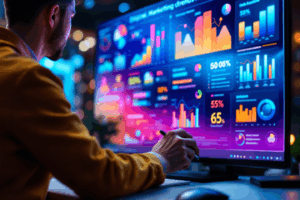 A graphic designer creating a colorful infographic on a large screen