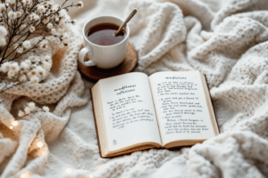 A cozy writing nook with a journal open, showing mindfulness reflections. A cup of tea beside the journal, with a peaceful environment