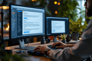 A marketer at a workspace with two screens: one shows version A of an email with a formal tone, and the other shows version B with a casual tone and different button colors.