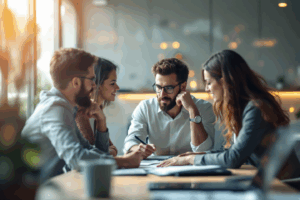A business team in a conference room, discussing a follow-up email to a client.