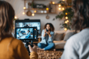 An influencer filming a candid video in their stylish living room, sharing a personal story while using a brand’s product naturally. 