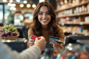 A cashier at a store smiling as they accept various credit cards from customers. 
