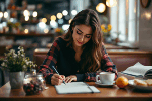 A person sits at a table, filling out a food and mood journal.