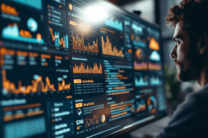 A person looking at a large screen with real-time analytics from multiple platforms (social media, email, website).