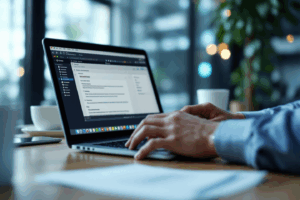 A business professional sitting at a desk, reviewing an email draft on their laptop