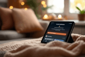 A cozy and inviting space with a tablet showing a guided meditation app
