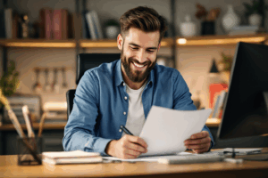 A confident writer sitting at a desk, smiling and reviewing their final draft.