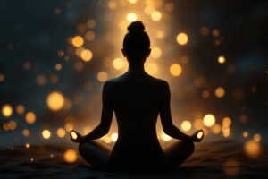 A person sitting in a calm meditation pose, surrounded by soft, glowing light, symbolizing inner peace and transformation